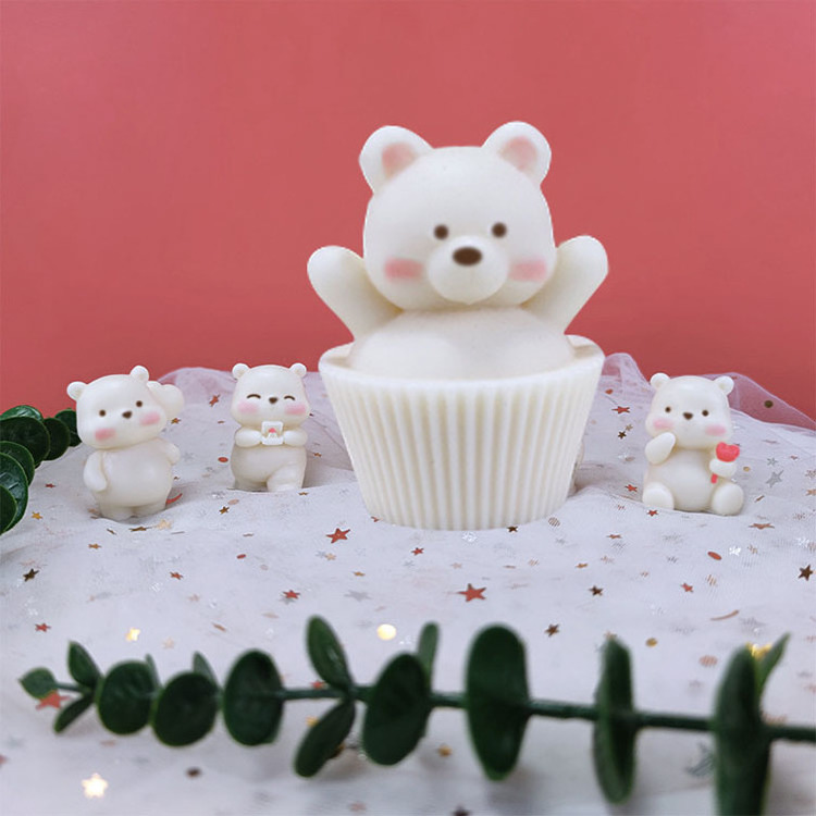 YS  Teddy Bear Cupcake Candles Molds Silicone Decorative Aromatic Candles Dessert Food Scented Candle  for Wedding Birthday Gift