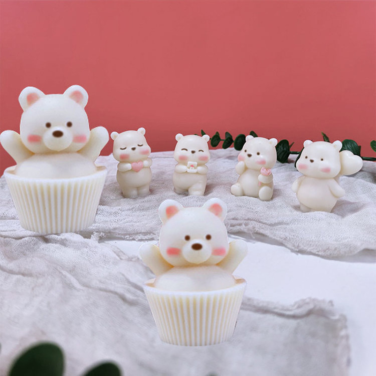 YS  Teddy Bear Cupcake Candles Molds Silicone Decorative Aromatic Candles Dessert Food Scented Candle  for Wedding Birthday Gift