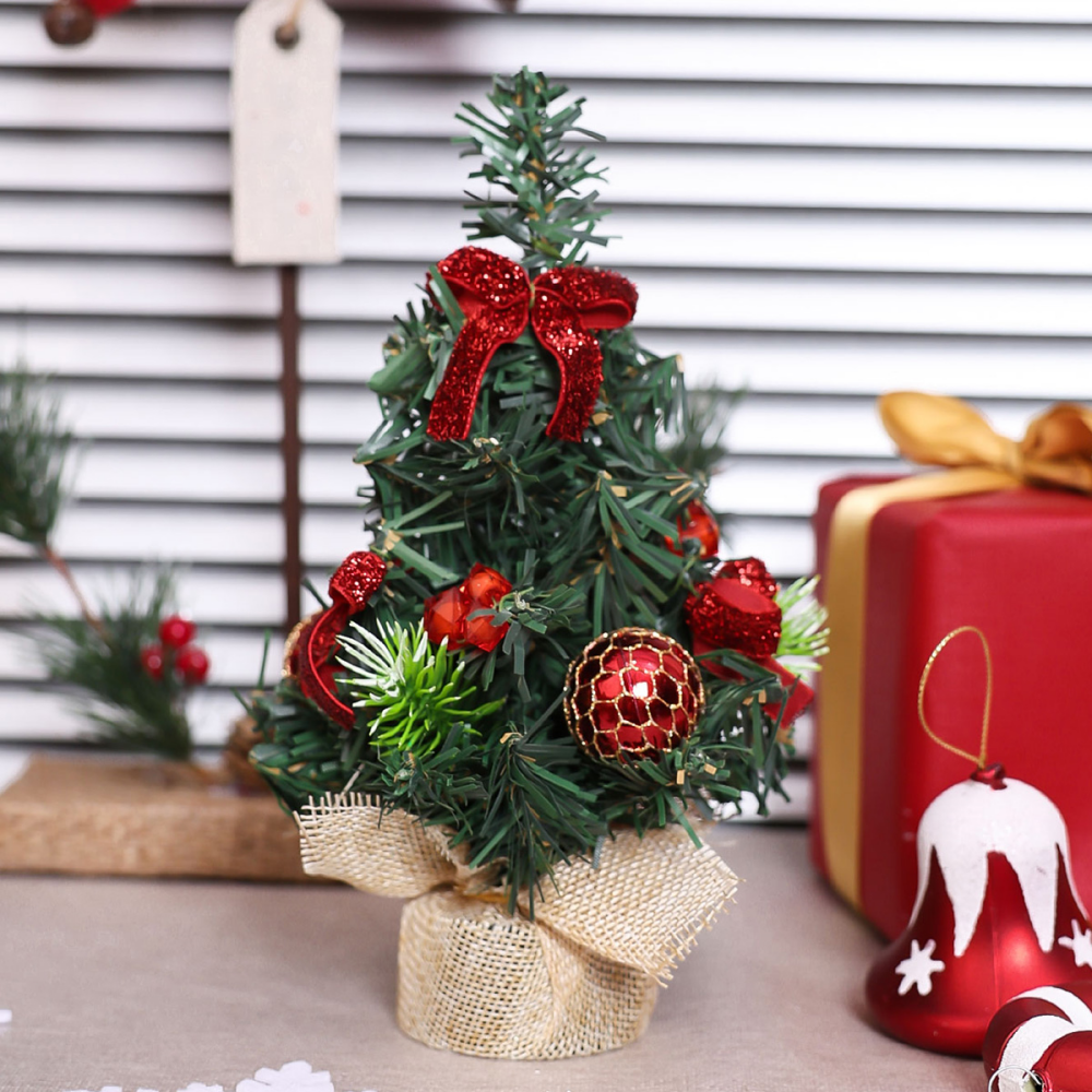 Artificial Mini Christmas Tree Potted Plant, Branches Pine Cones and Cloth Bag Base. Christmas Tabletop Decor