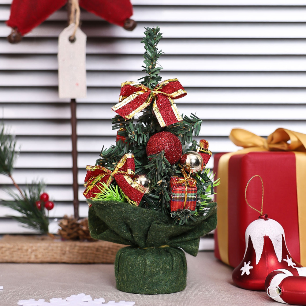 Artificial Mini Christmas Tree Potted Plant, Branches Pine Cones and Cloth Bag Base. Christmas Tabletop Decor