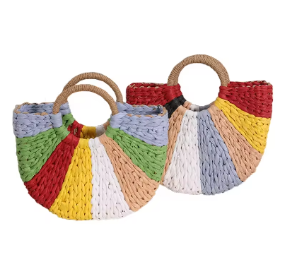 New Collection Eco Handmade Rattan Woven Straw Tote Bag with Rainbow Colors Half Moon Shaped Handbag