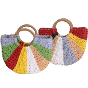 New Collection Eco Handmade Rattan Woven Straw Tote Bag with Rainbow Colors Half Moon Shaped Handbag