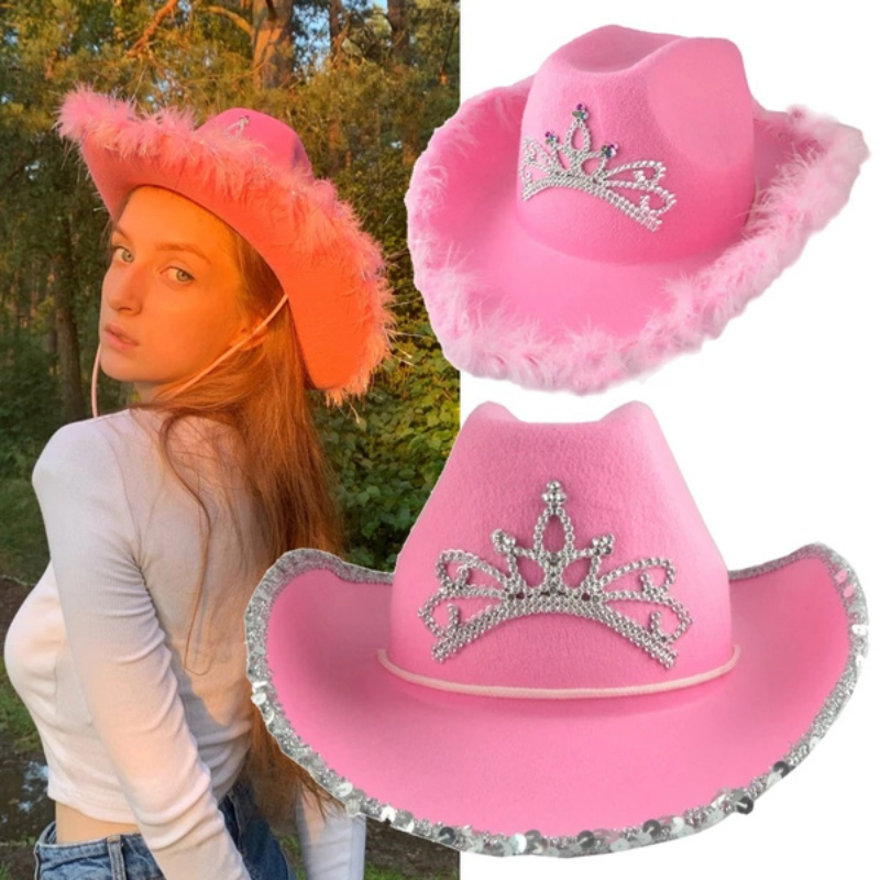 Western Felt Led Light Up Tiara Feathers Sombrero Pink Cowgirl Cowboy Hats For Ladies Women Girls Adult Festival Party