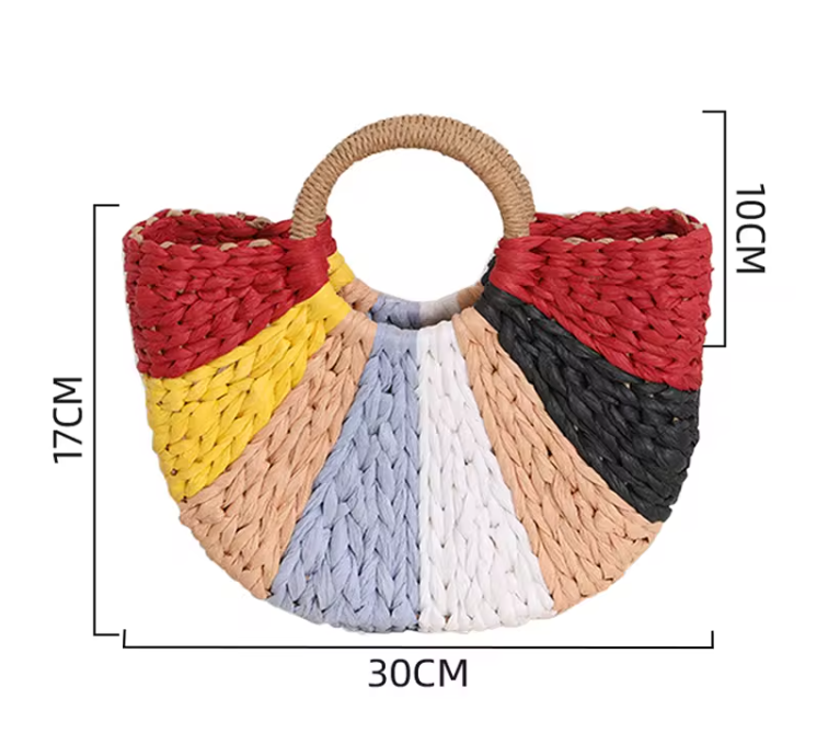 New Collection Eco Handmade Rattan Woven Straw Tote Bag with Rainbow Colors Half Moon Shaped Handbag