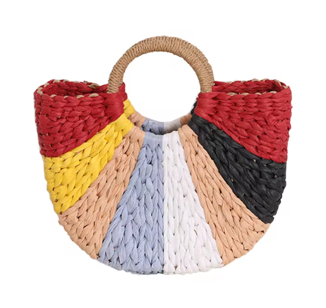 New Collection Eco Handmade Rattan Woven Straw Tote Bag with Rainbow Colors Half Moon Shaped Handbag