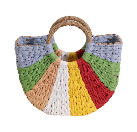 New Collection Eco Handmade Rattan Woven Straw Tote Bag with Rainbow Colors Half Moon Shaped Handbag