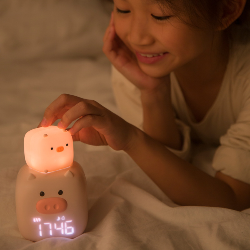 YIZHI Creative Pig Smart Alarm Clock USB Charging Silicone Night Light Student LED Digital Wake Up Kids Room Bedside Alarm Clock