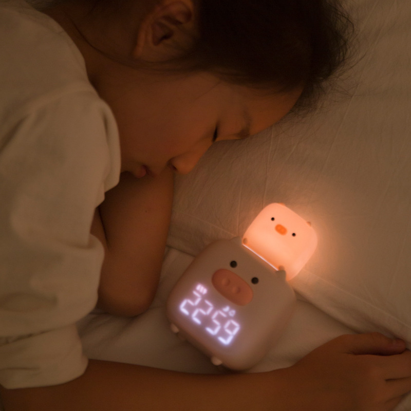 YIZHI Creative Pig Smart Alarm Clock USB Charging Silicone Night Light Student LED Digital Wake Up Kids Room Bedside Alarm Clock