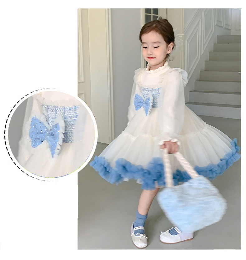 OEM Autumn Girls Fashion Blue Sweater+yarn Dress Children Party Princess Dress for Kids Full Long Sleeve Embroidery Print A-line