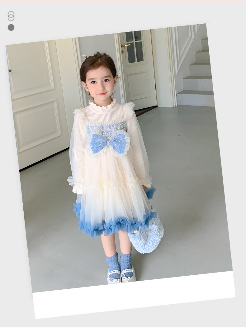 OEM Autumn Girls Fashion Blue Sweater+yarn Dress Children Party Princess Dress for Kids Full Long Sleeve Embroidery Print A-line