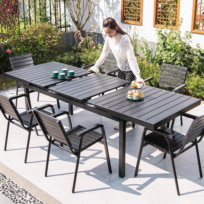 Wholesale 6-8 people use black plastic wood metal outdoor folding table patio furniture garden sets