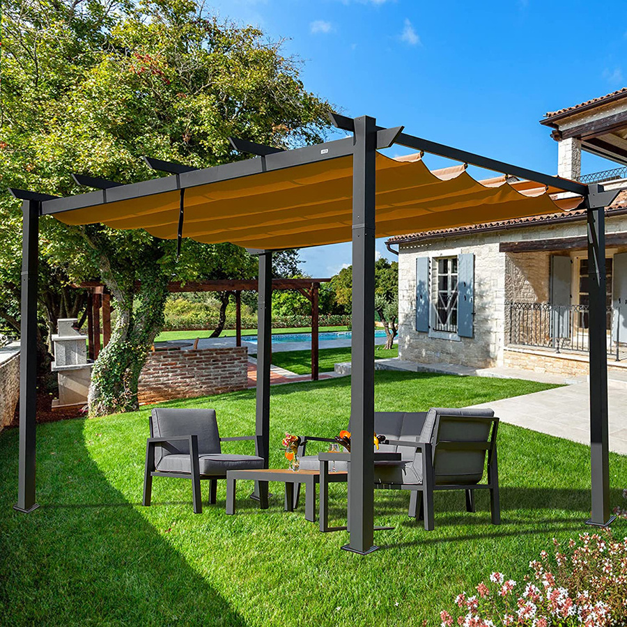 Patio Gazebo Retractable Sunshade Steel Structure  Pergola with Sliding Custom Size Canopy  Aluminum Flat Laptop