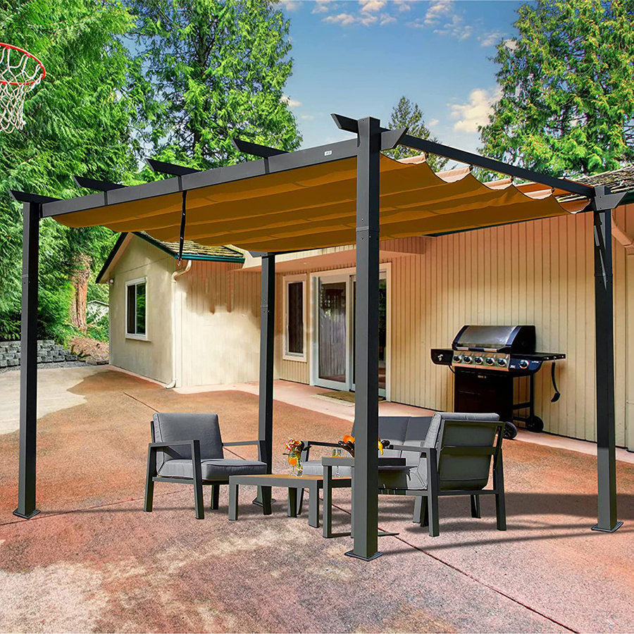 Patio Gazebo Retractable Sunshade Steel Structure  Pergola with Sliding Custom Size Canopy  Aluminum Flat Laptop