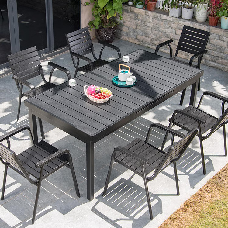 Wholesale 6-8 people use black plastic wood metal outdoor folding table patio furniture garden sets