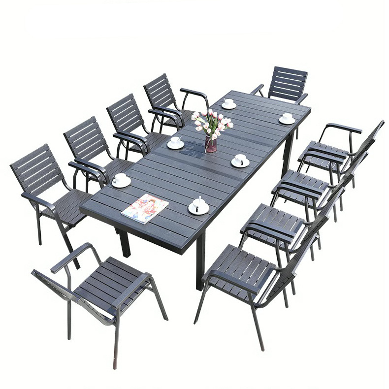 Wholesale 6-8 people use black plastic wood metal outdoor folding table patio furniture garden sets