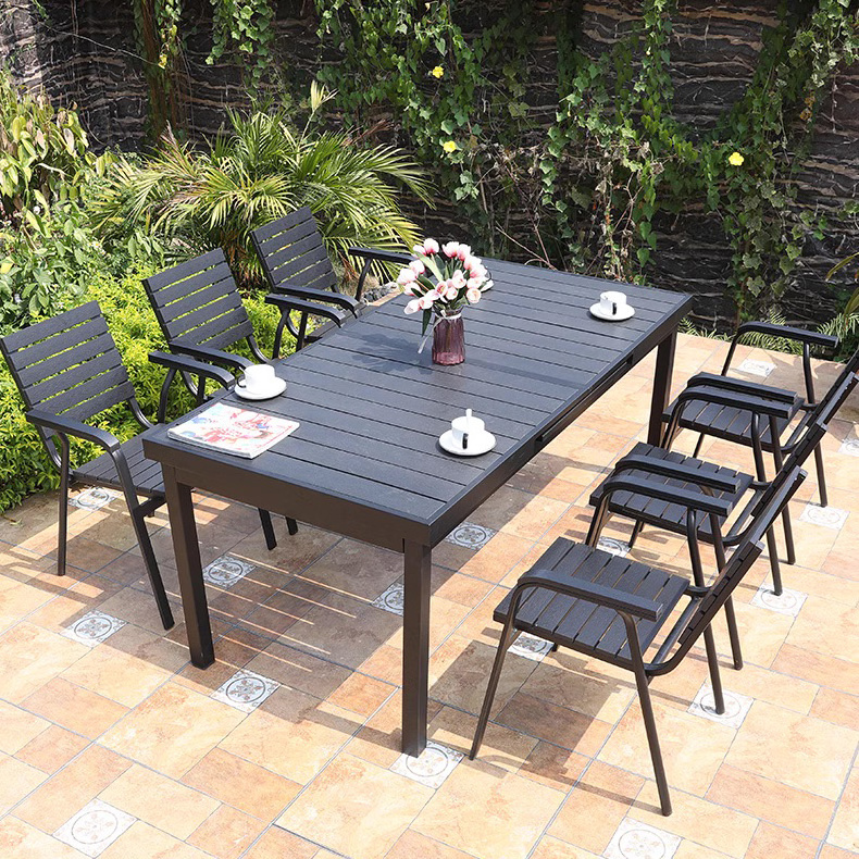 Wholesale 6-8 people use black plastic wood metal outdoor folding table patio furniture garden sets