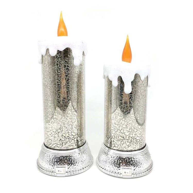 Christmas Decorative Set Of 2 silver Pillar Electric Light Glass LED Moving  Candles