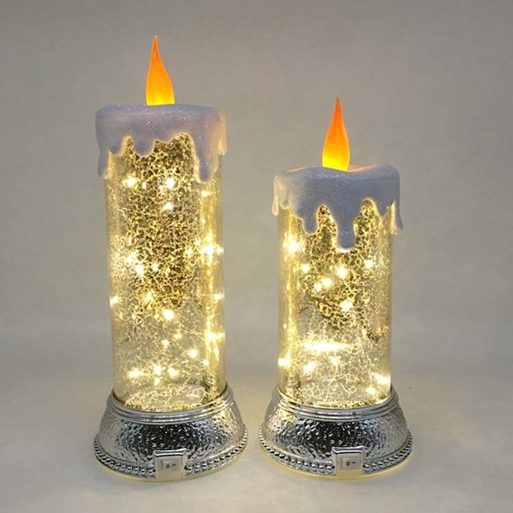 Christmas Decorative Set Of 2 silver Pillar Electric Light Glass LED Moving  Candles