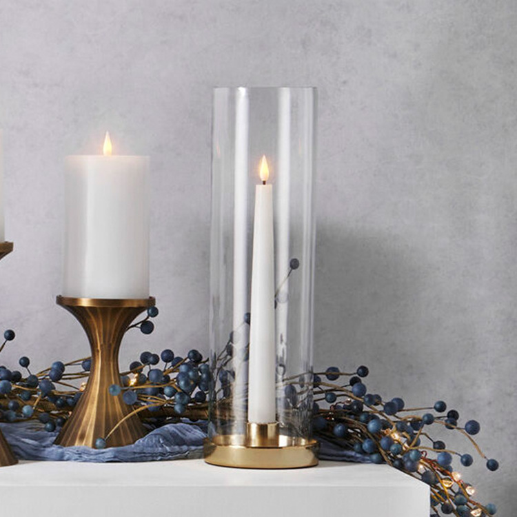 Taper Clear Glass Chimney Vase Candle Holder With Gold Metal Base For Home Decor with Brass Base