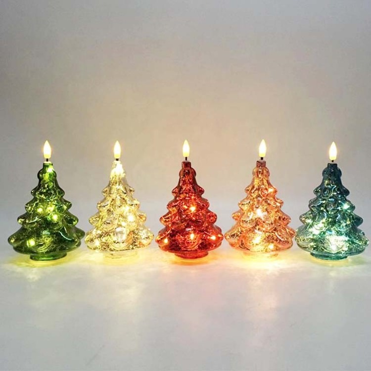 Led Battery Powered Five Color Mini Glass Christmas Tree  Candle Flameless Light For Gift Indoor Furniture