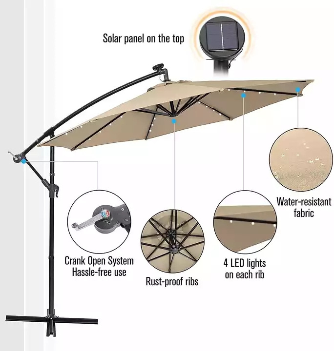 Uplion Garden Sunshade Cantilever Led Umbrella Outdoor Solar LED Lighting Parasol Patio Umbrellas