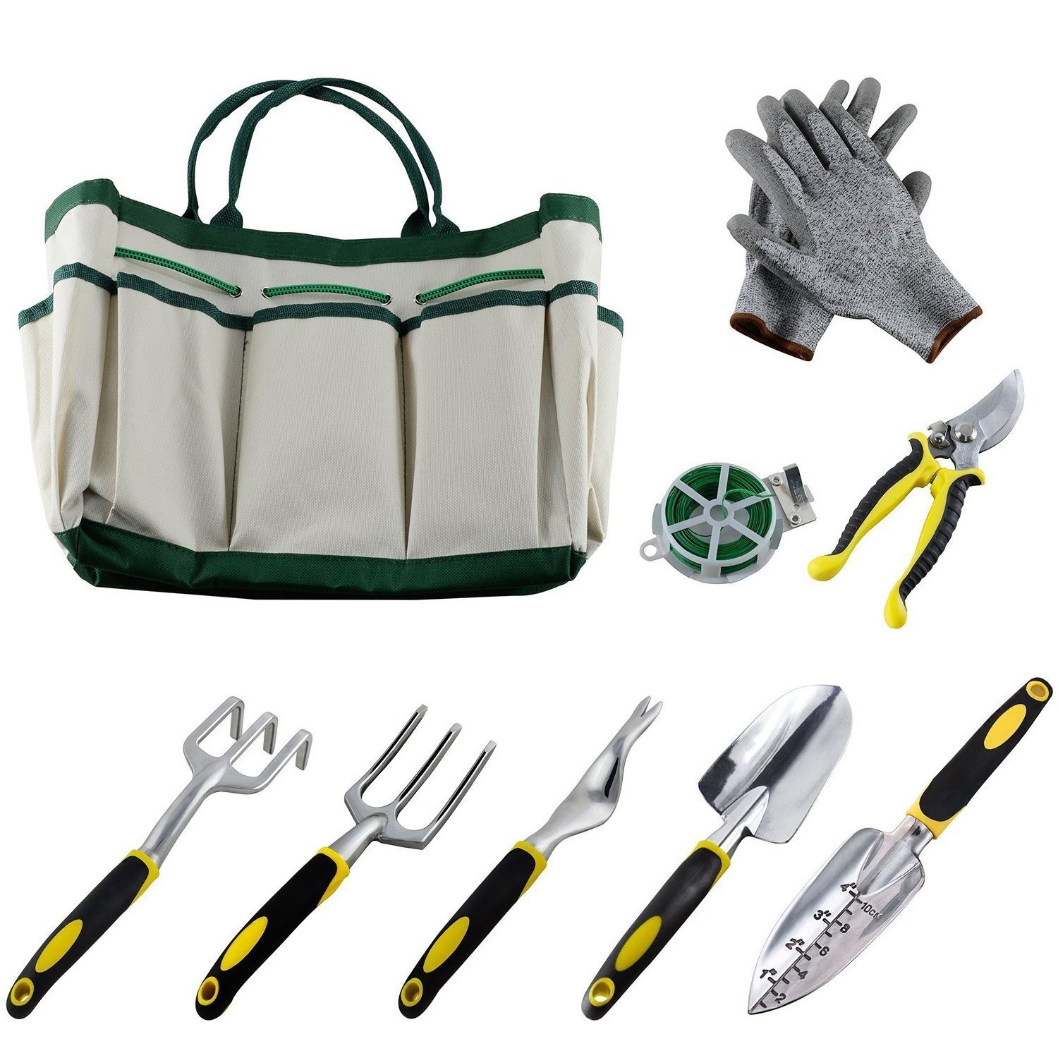 9 pcs Garden Bonsai Trowel Complete Garden Tool Kit With Storage Tote Bag Gloves Stainless Steel Heavy Duty Gardening Tools Set