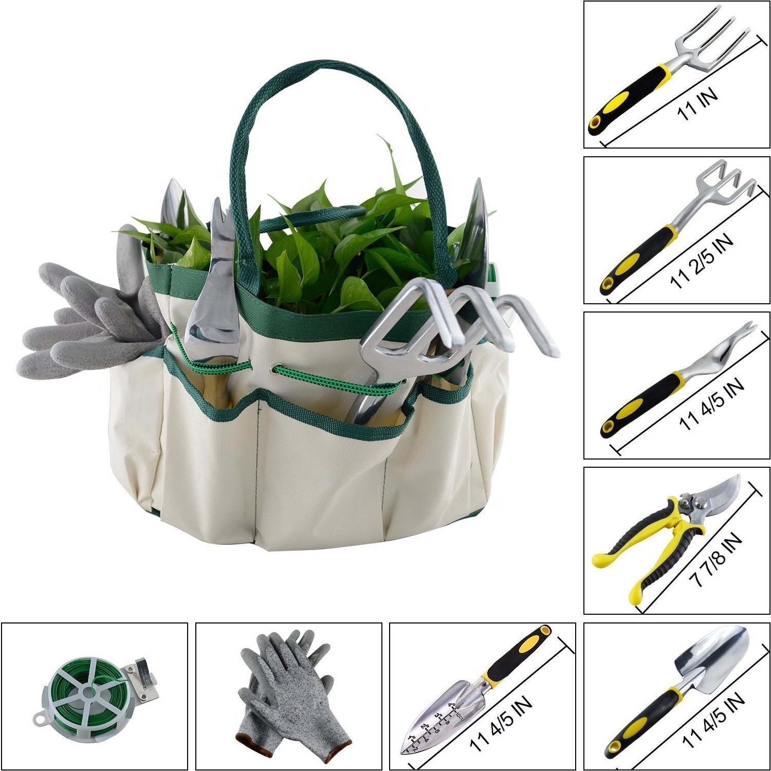 9 pcs Garden Bonsai Trowel Complete Garden Tool Kit With Storage Tote Bag Gloves Stainless Steel Heavy Duty Gardening Tools Set