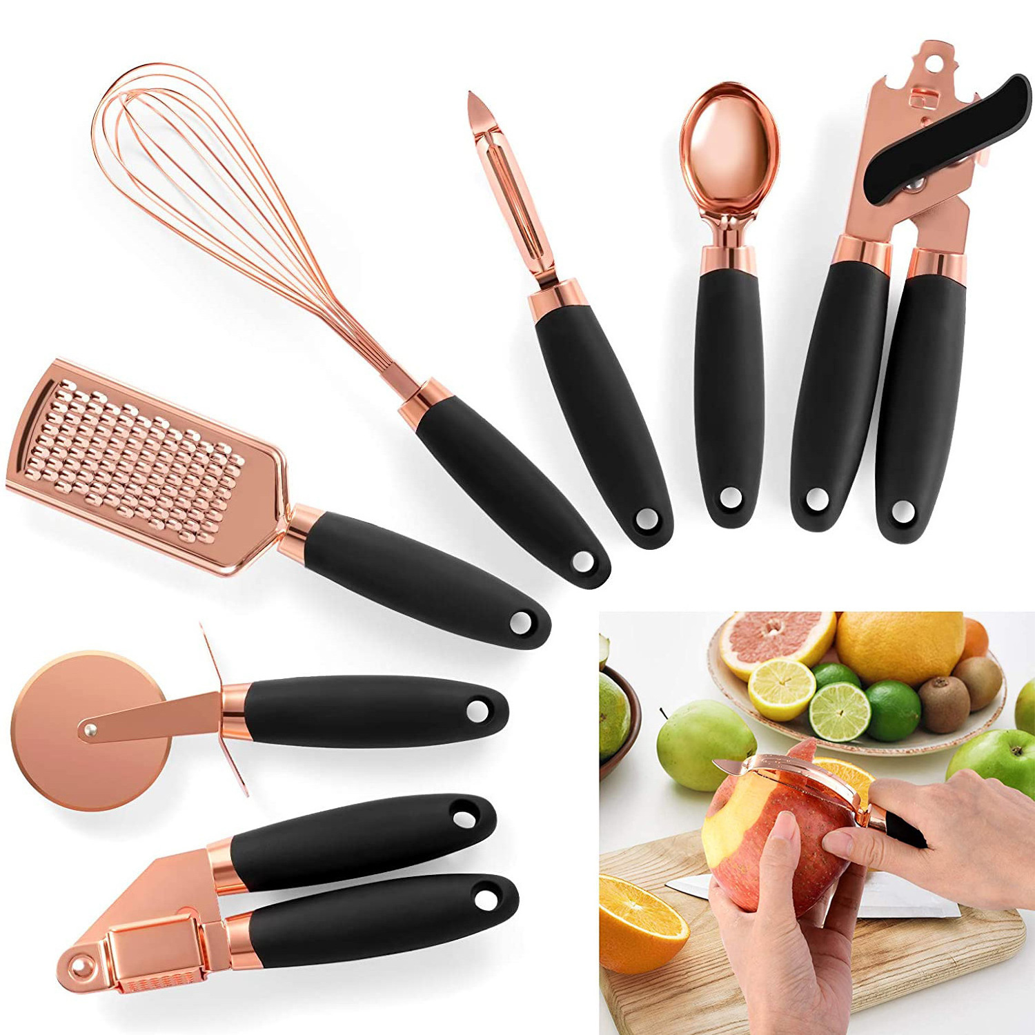 Wholesale rose gold bottle opener egg beater melon ginger shaved ice cream scoop stainless steel kitchen gadgets 7 piece set