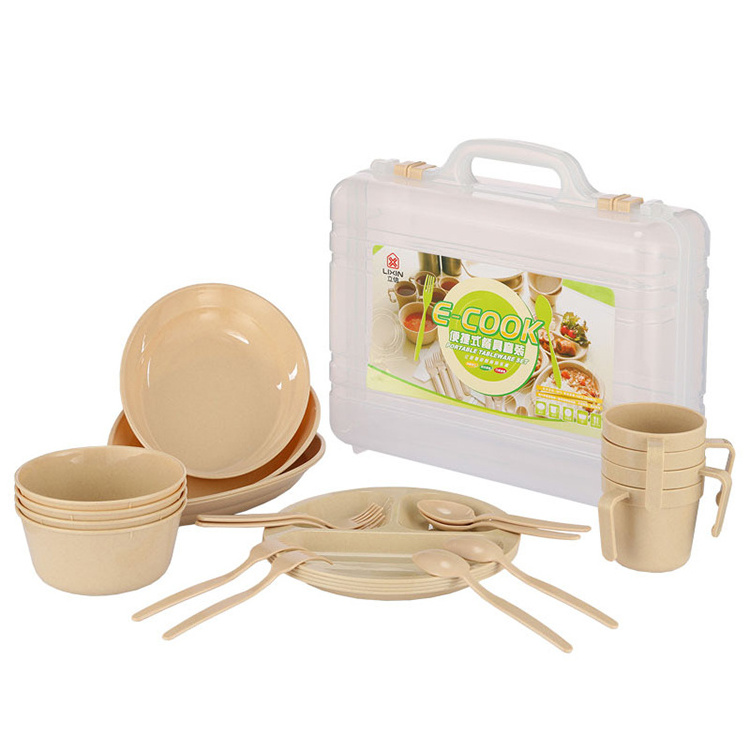 24 pcs Eco Friendly Unbreakable Camping picnic Dinner Set Wheat Straw Bowl Plate Cups Cutlery Dinnerware Sets