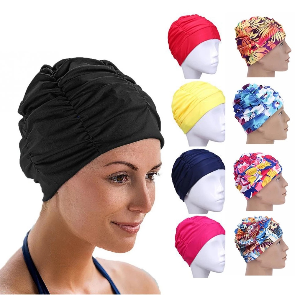 High Elastic Swimming Cap Men Women Free Size Solid Flowers Printed Long Hair Sports Swim Pool Hat Nylon Turban