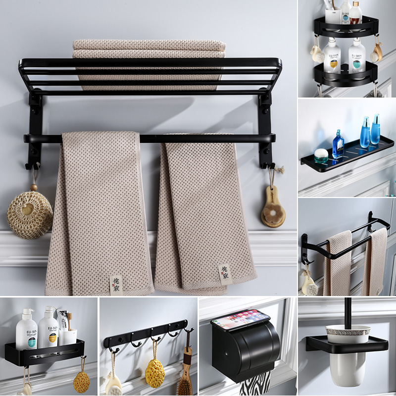 Superior quality Black space aluminum towel rack punch-free bathroom bathroom rack wall-mounted toilet towel rack