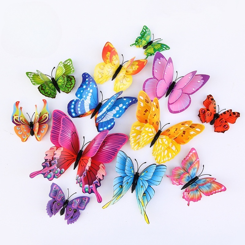 New Style 12Pcs Double Layer 3D Butterfly Wall Stickers with Magnets for Party Fridge Decals Wedding Decoration