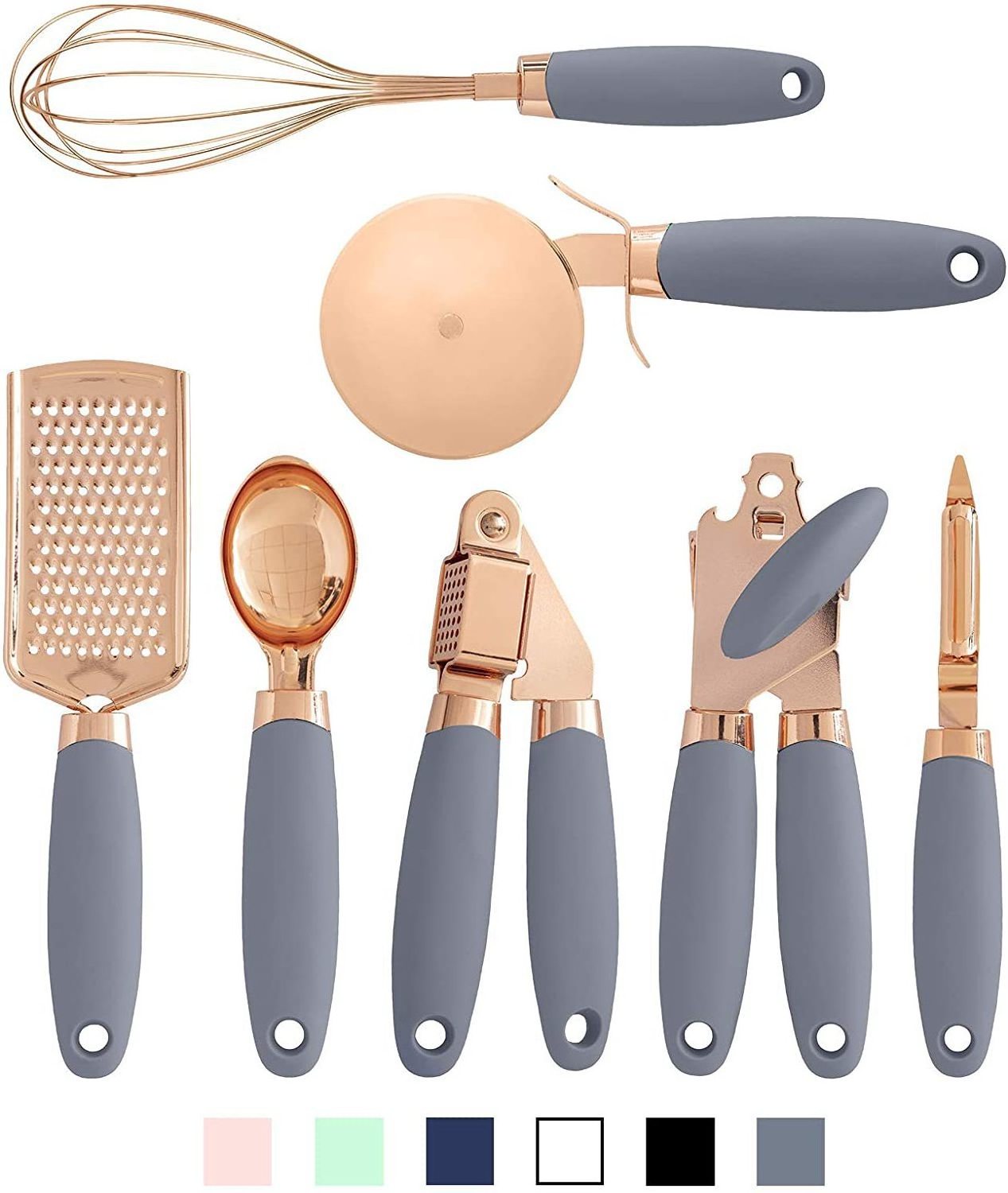 Wholesale rose gold bottle opener egg beater melon ginger shaved ice cream scoop stainless steel kitchen gadgets 7 piece set