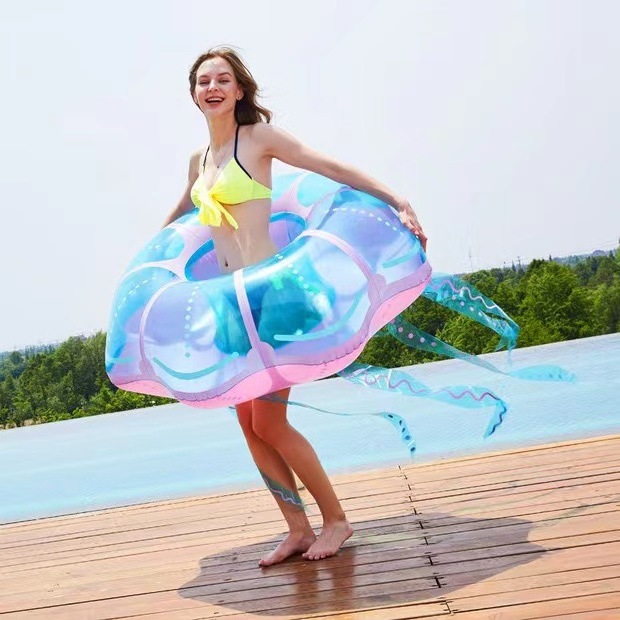 New Crystal Jellyfish Swimming Net Red Inflatable Jellyfish Seat Float Creative Swimming Circle