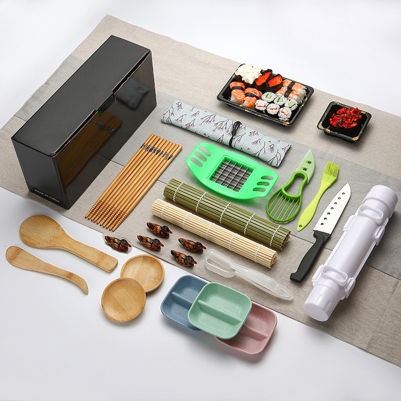 All in One Sushi Maker with Bamboo Mats Bamboo Chopsticks Avocado Slicer Paddle Spreader Sushi Making Kit