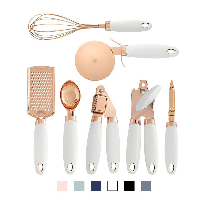 Wholesale rose gold bottle opener egg beater melon ginger shaved ice cream scoop stainless steel kitchen gadgets 7 piece set