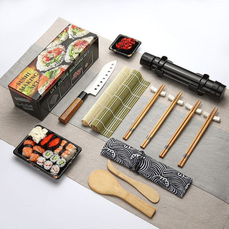 All in One Sushi Maker with Bamboo Mats Bamboo Chopsticks Avocado Slicer Paddle Spreader Sushi Making Kit