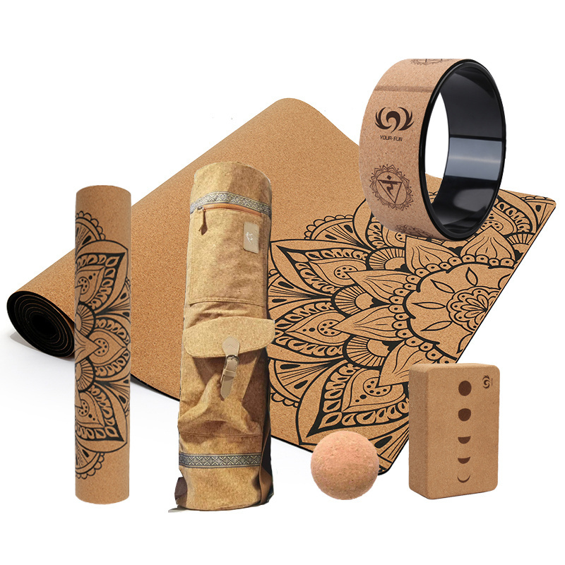 Factory Price Hot Selling Home Exercise Premium Quality Custom Logo Non-slip Natural Cork Rubber Yoga Mat Set