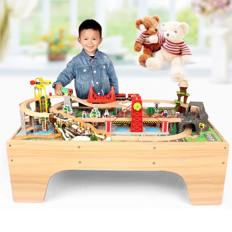 100Pcs Car Track Toy Set For Kids Over 3 Years Old Electric Wooden Train Tracks With Table