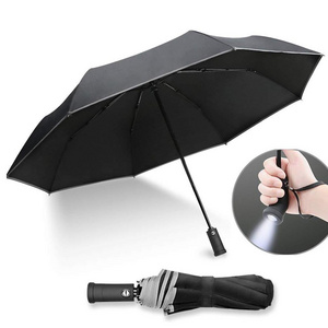 Lightweight Compact Travel Umbrella Automatic Open Close Folding Umbrella with 180 Rotating LED Flashlight Folding Umbrella