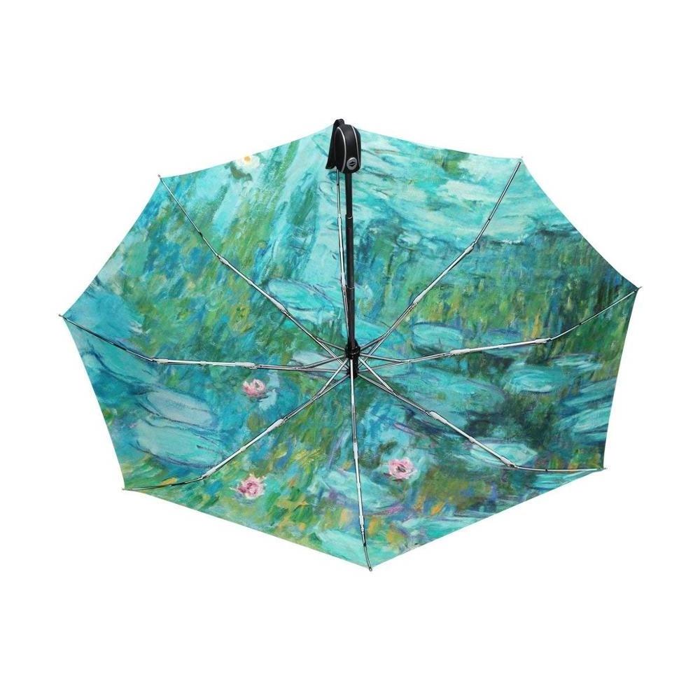 Monet Painting Windproof Umbrellas Auto Open Close 3 Folding Golf Strong Durable Compact Travel Umbrella Uv Protection Portable