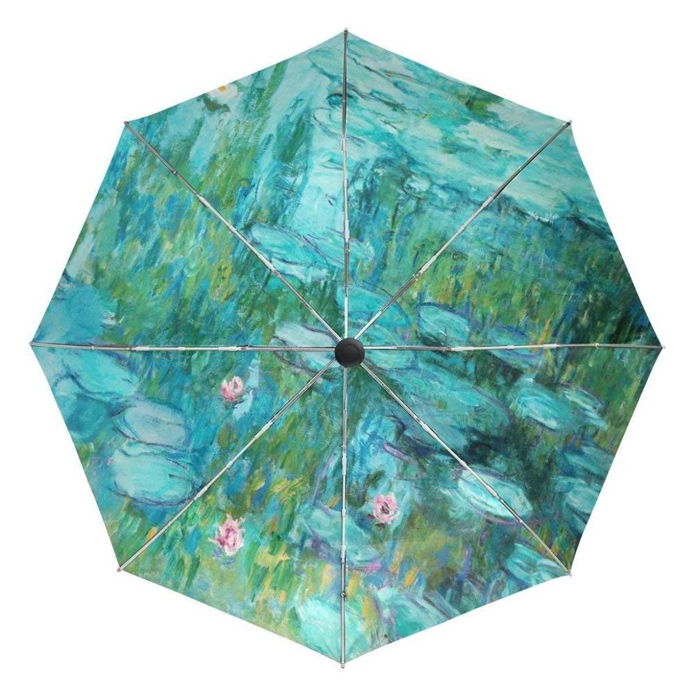 Monet Painting Windproof Umbrellas Auto Open Close 3 Folding Golf Strong Durable Compact Travel Umbrella Uv Protection Portable