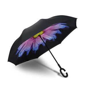 Inverted Umbrella, Large Windproof Double Layer Canopy, Big Straight Reverse Inside Umbrellas for Car, Rain,