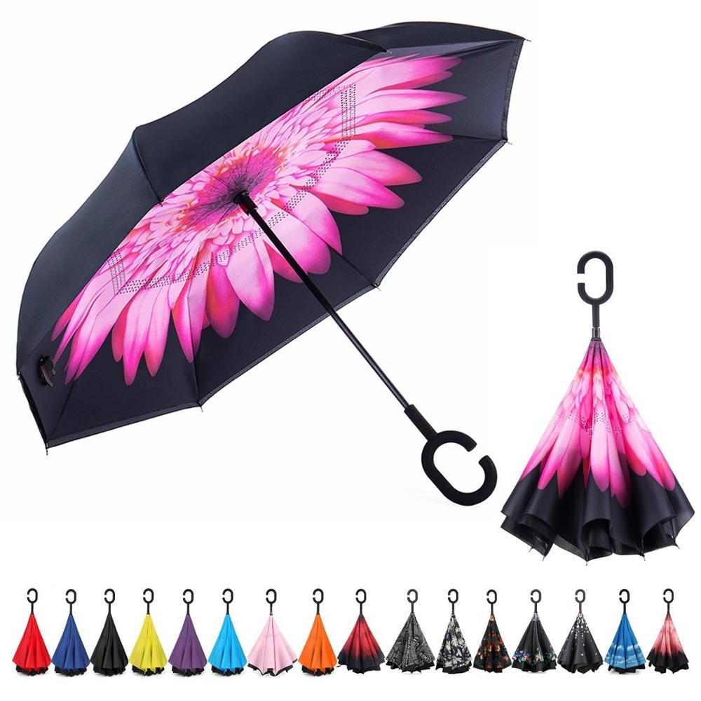 Inverted Umbrella, Large Windproof Double Layer Canopy, Big Straight Reverse Inside Umbrellas for Car, Rain,