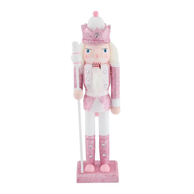 Cute Wooden Nutcracker King Doll Pink Glitter Body Brightly Colored Scepter Christmas Table Ornament Holiday Gifts For Children