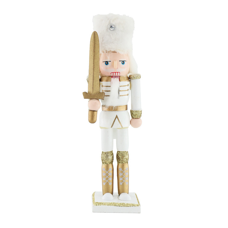 Wooden 18cm Nutcracker King Soldier White Gold Glitter Christmas Ornament Holiday Gift For Children Indoor Tabletop Decoration