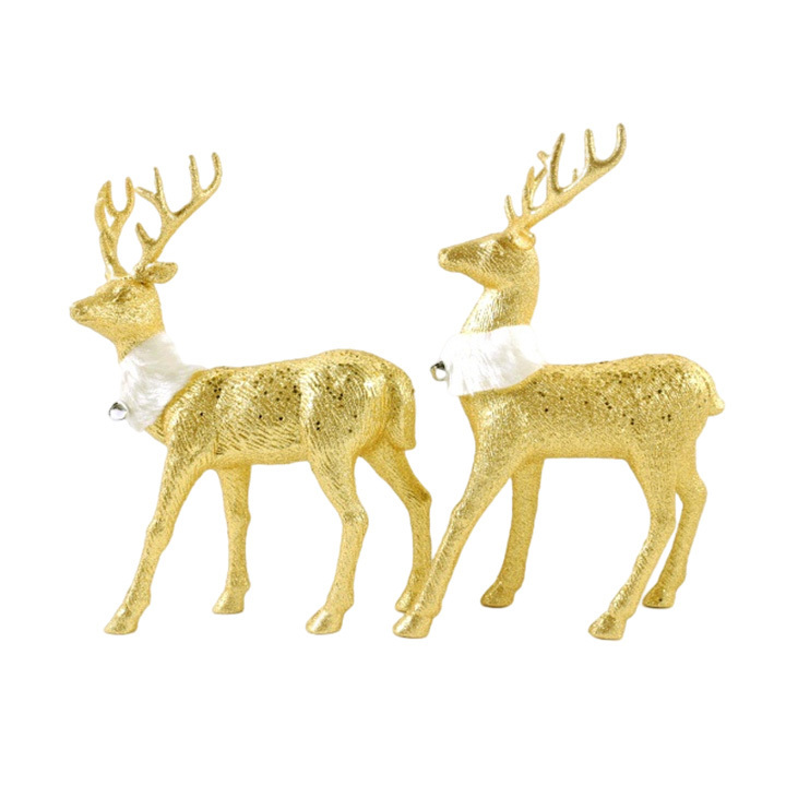 Gold Animal Deer Ornament Plastic Glitter Christmas Decoration Reindeer With Scarf Standing Figurine Home  Table Top Floor Decor