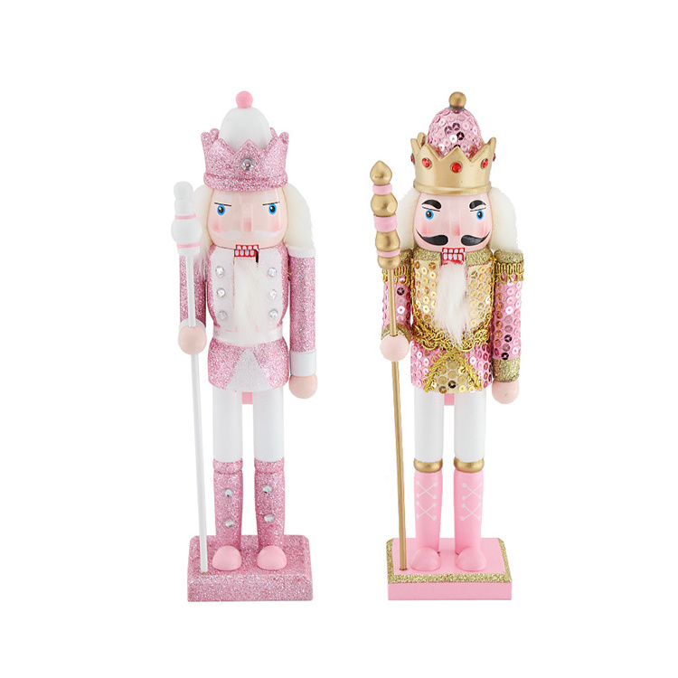 Cute Wooden Nutcracker King Doll Pink Glitter Body Brightly Colored Scepter Christmas Table Ornament Holiday Gifts For Children