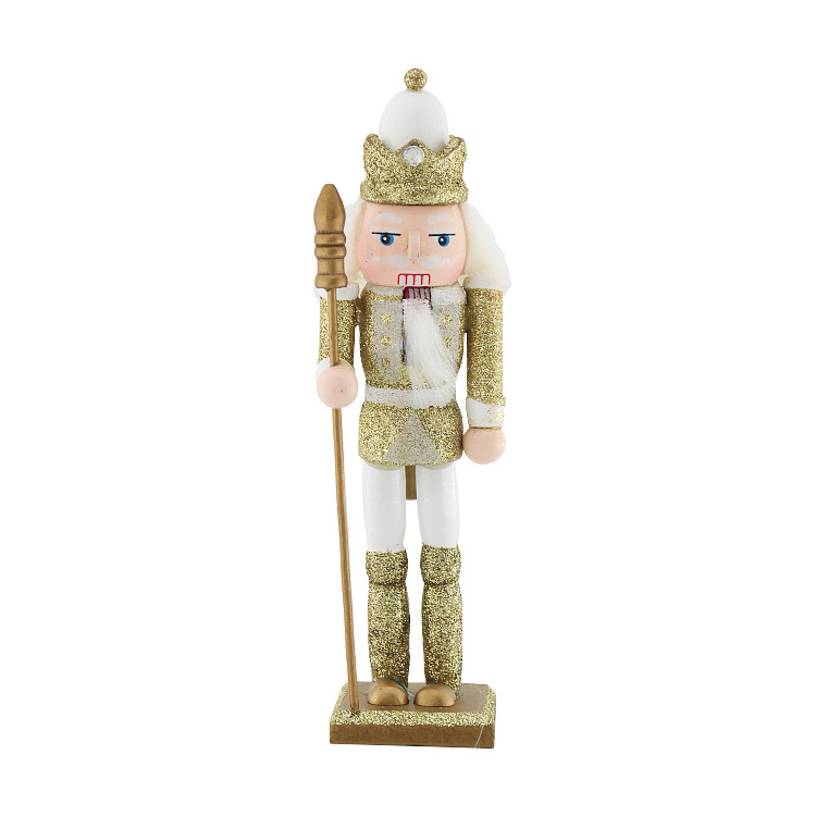 Wooden 18cm Nutcracker King Soldier White Gold Glitter Christmas Ornament Holiday Gift For Children Indoor Tabletop Decoration