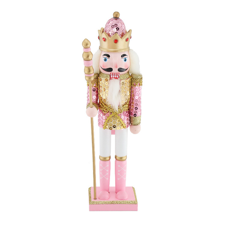 Cute Wooden Nutcracker King Doll Pink Glitter Body Brightly Colored Scepter Christmas Table Ornament Holiday Gifts For Children